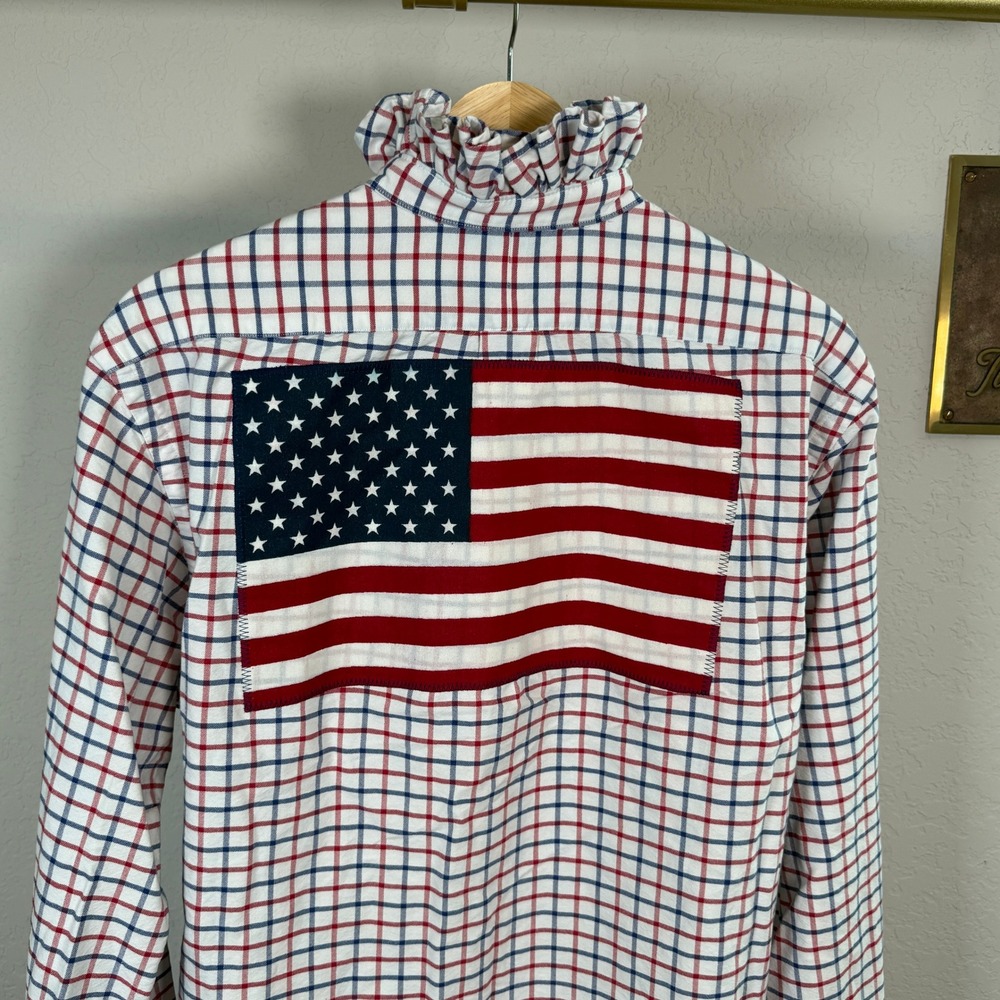 Ralph Lauren Ruffle Collar Tattersall Check American Flag Patch Shirt Womens L - Picture 7 of 10